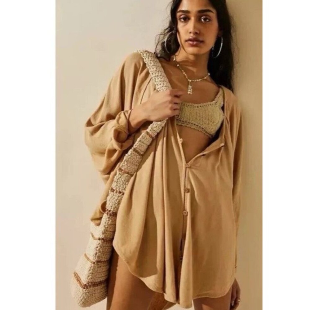 Free People Free What A Statement Tunic Top Oat Bran Button Front Women’s XS